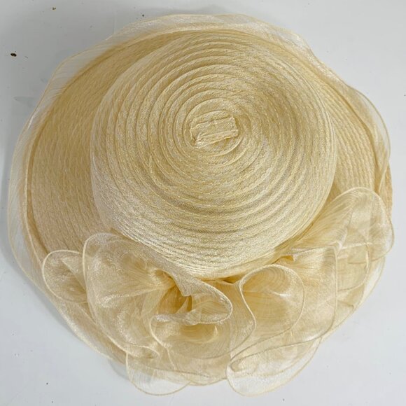 Bellady Wide Brim Church Hat VTG Champagne Wedding Sinamay Formal Church Derby - Picture 3 of 11